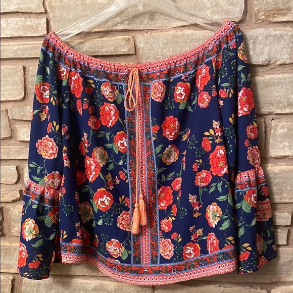 Umgee Floral Navy Off-Shoulder Top Size S - Picture 2 of 8